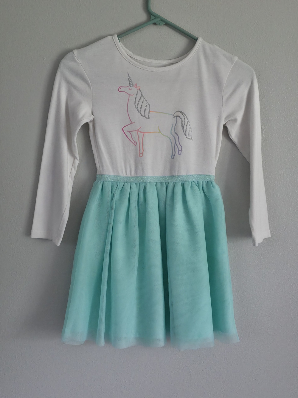 Cat & Jack White Long Sleeve Unicorn Dress with Mint Skirt